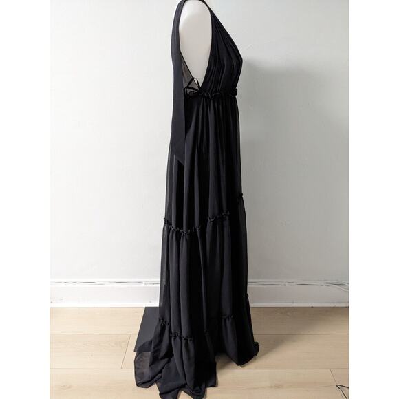 Leena for Mac Duggal Size 0 Ruffle Maxi Shift Tiered Dress Black V Neck Sheer - Picture 9 of 15